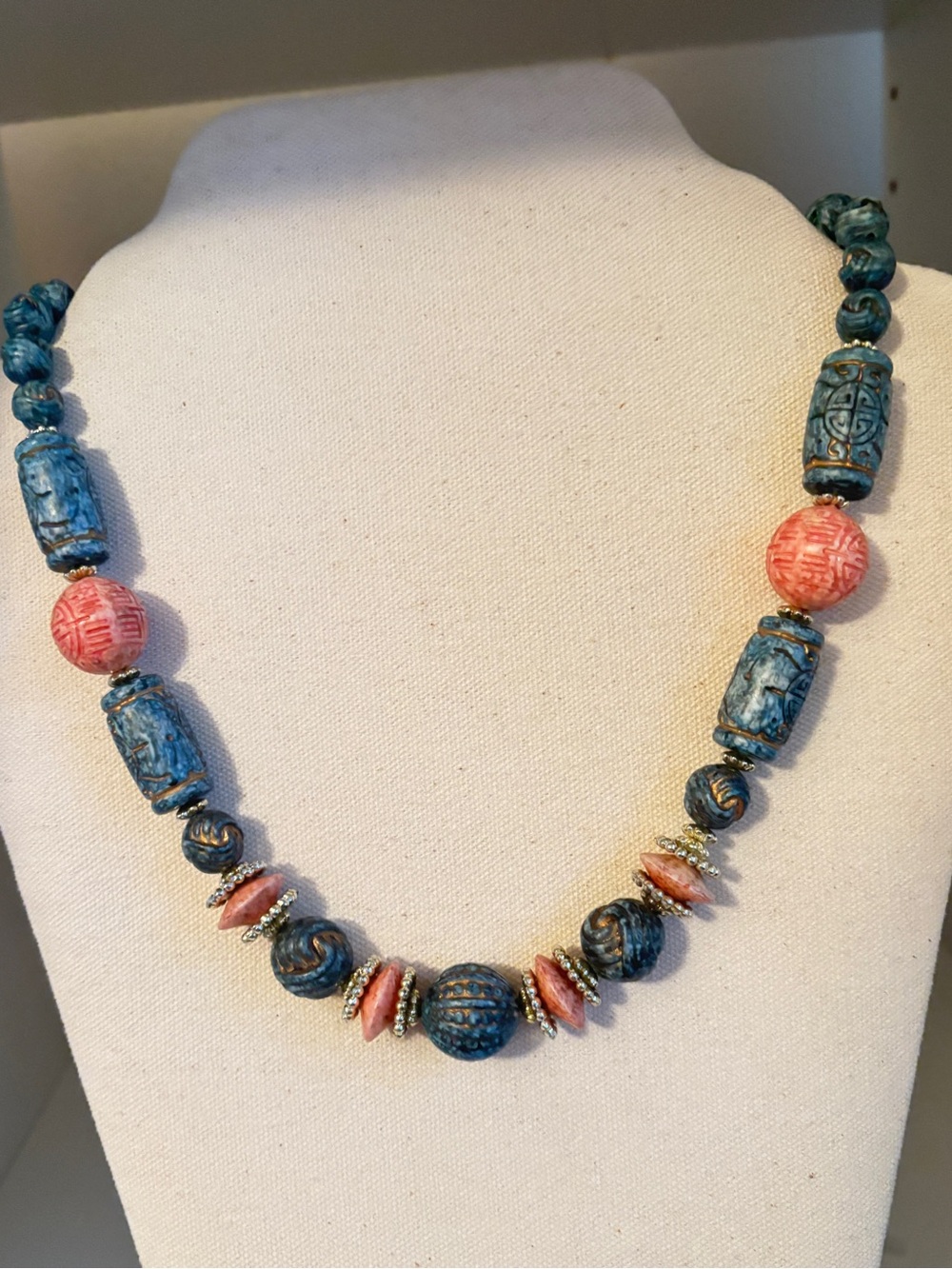 Blue and Coral Beaded Statement Necklace - Unbranded